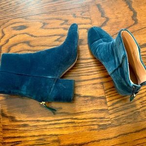 COPY - J Crew blue velour ankle boots with block heel.